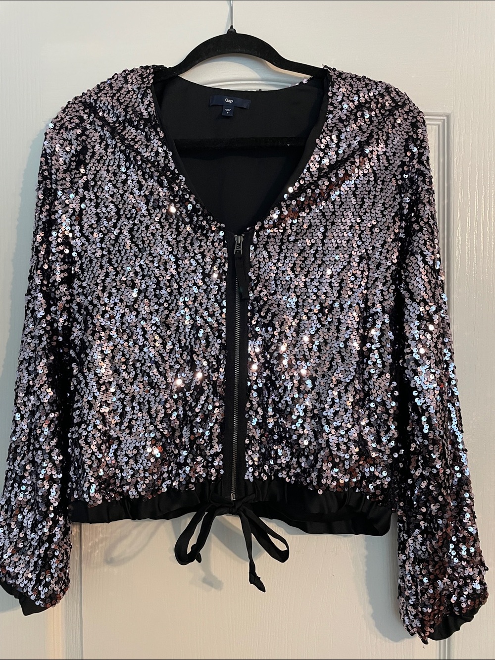 GAP Vintage 2010 Sequin Zip-Front Bomber Jacket Black Purple/Silver Small